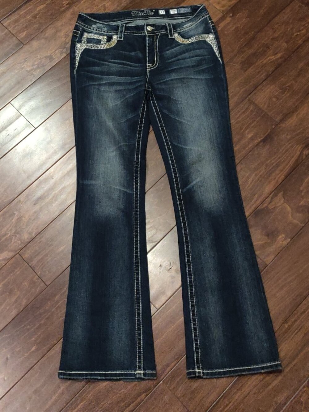 Miss Me Mid Rise Boot Cut Flap Pocket Embellished Jeans Size 32